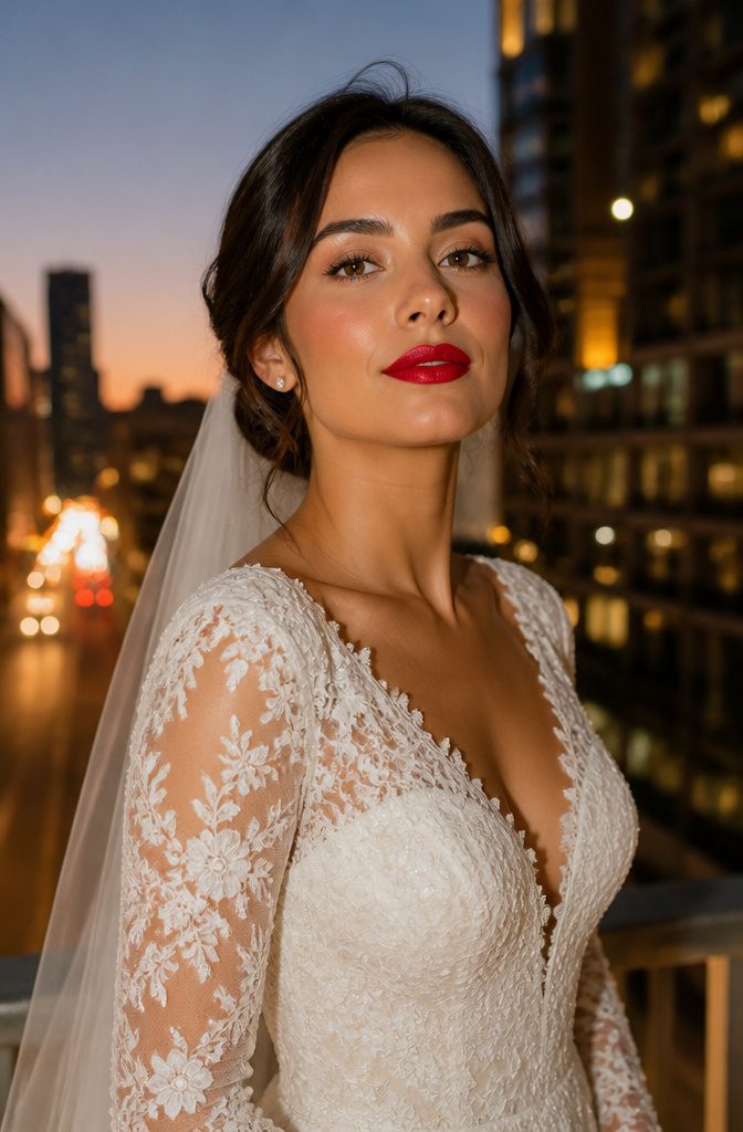 12 Unique Wedding Makeup Ideas for the 2026 Bride 2 Close-up of a bride's bold red lipstick against her makeup.