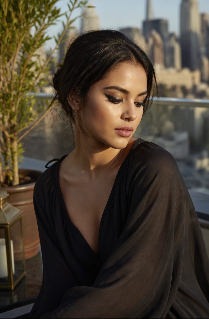 20 Black Eyeshadow Looks From Classic to Edgy for 2026 4 Model showcasing bright black shaded wings with a city skyline.