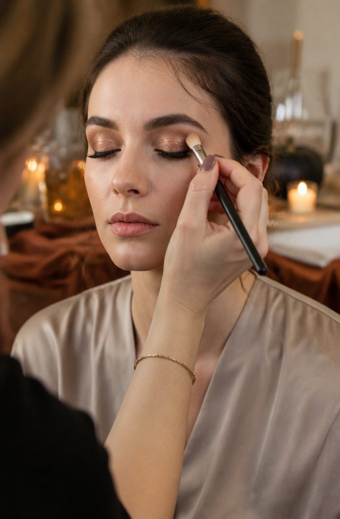 Close-up of a model's eyelids with warm bronze eyeshadow applied.