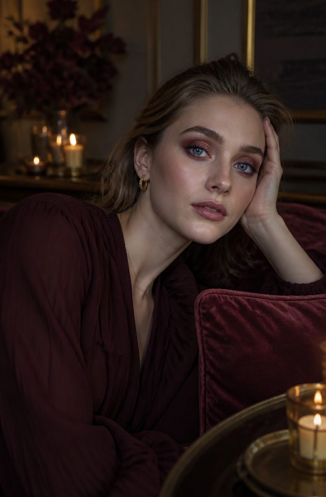Model with burgundy and cranberry eyeshadow in a dimly lit room.