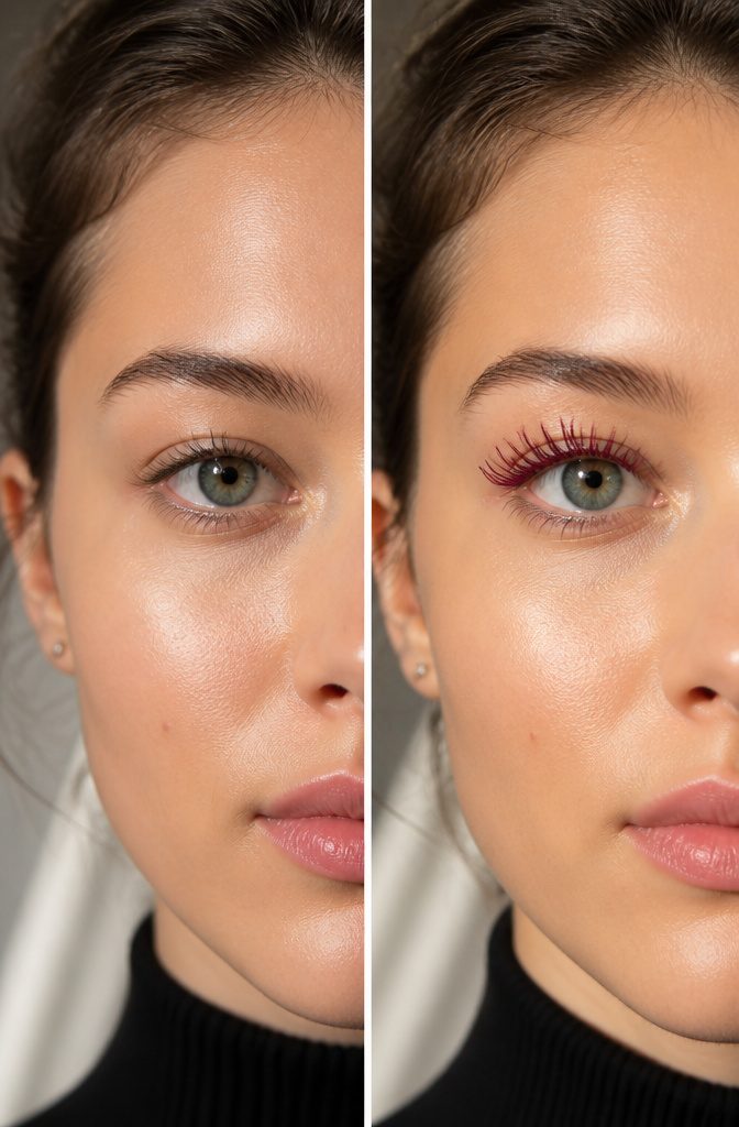 10 Makeup Looks for Green Eyes: Ideas & Color Tips for 2026 8 Model displaying burgundy mascara on her lashes.