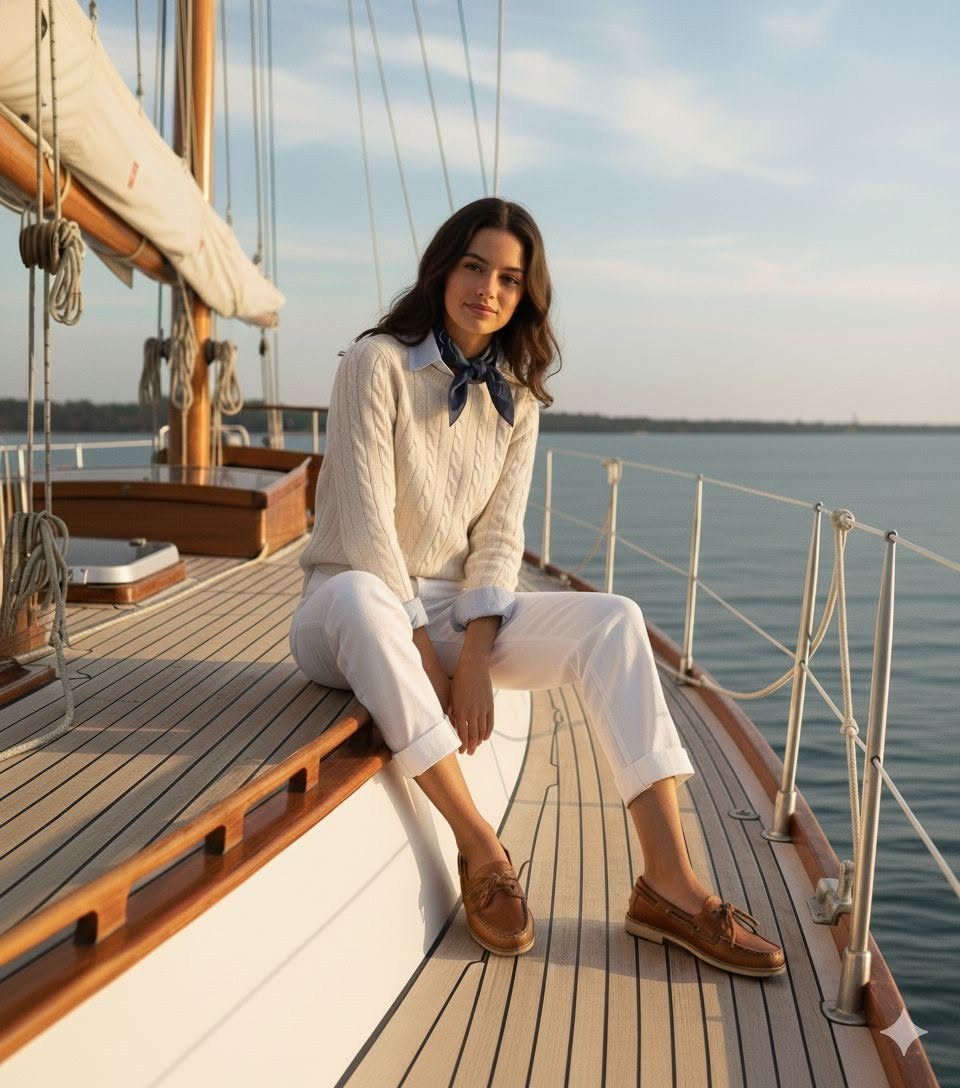Woman in a white cable-knit sweater and white trousers sitting on a sailboat deck.