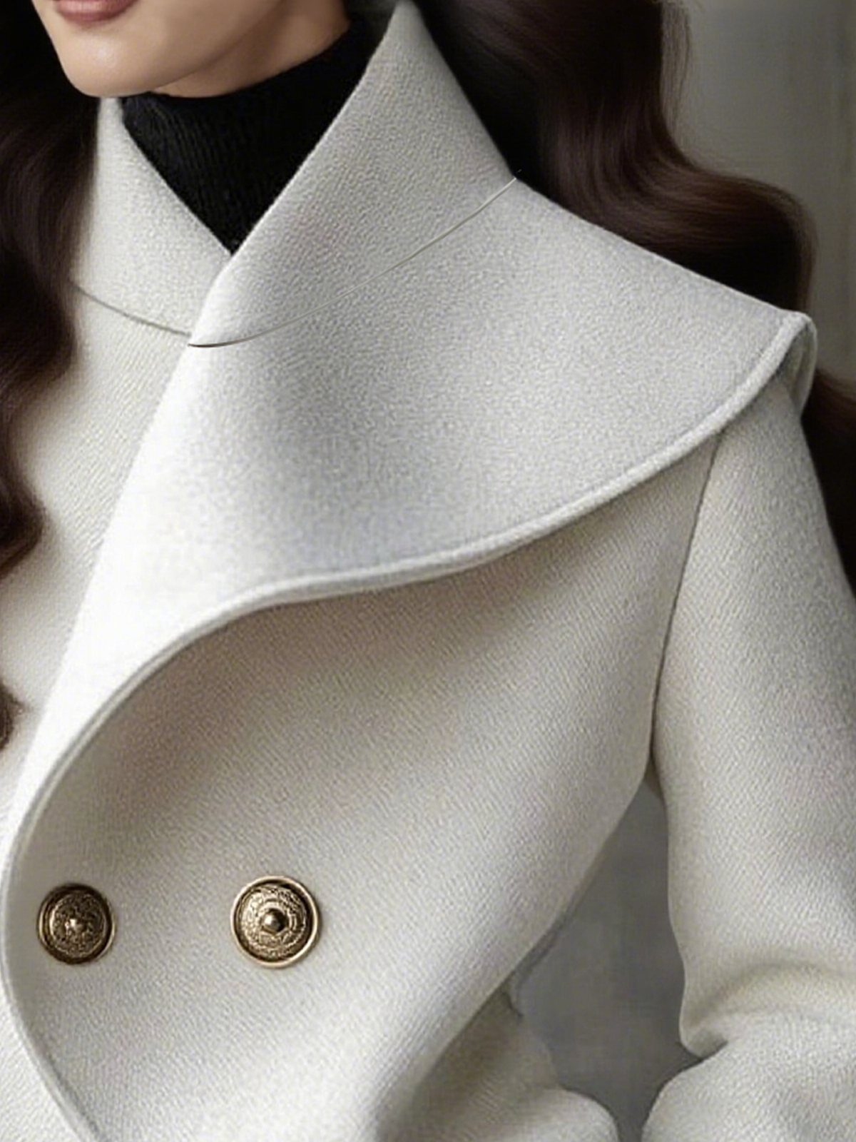 Opera Coat Women: 6 Vintage Styles Worth Wearing 3 Cream textured wool coat with a large, elegant shawl collar and gold buttons.