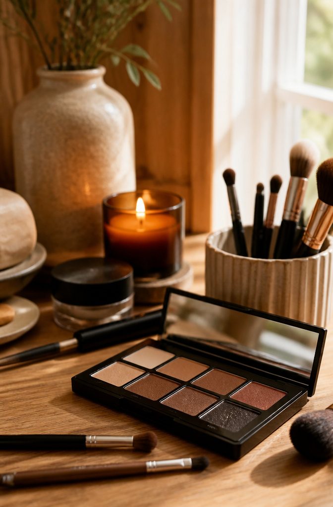 A model with a soft brown smokey eye makeup look.