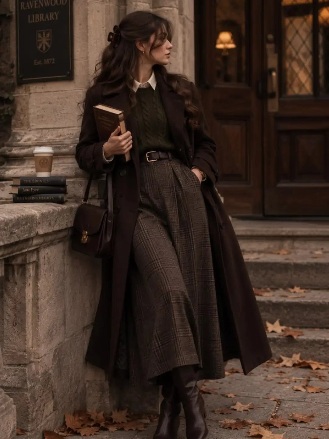 6 Brown Long Wool Coat Styles Worth Owning 5 A woman in a long brown wool coat and plaid skirt stands by a stone wall.