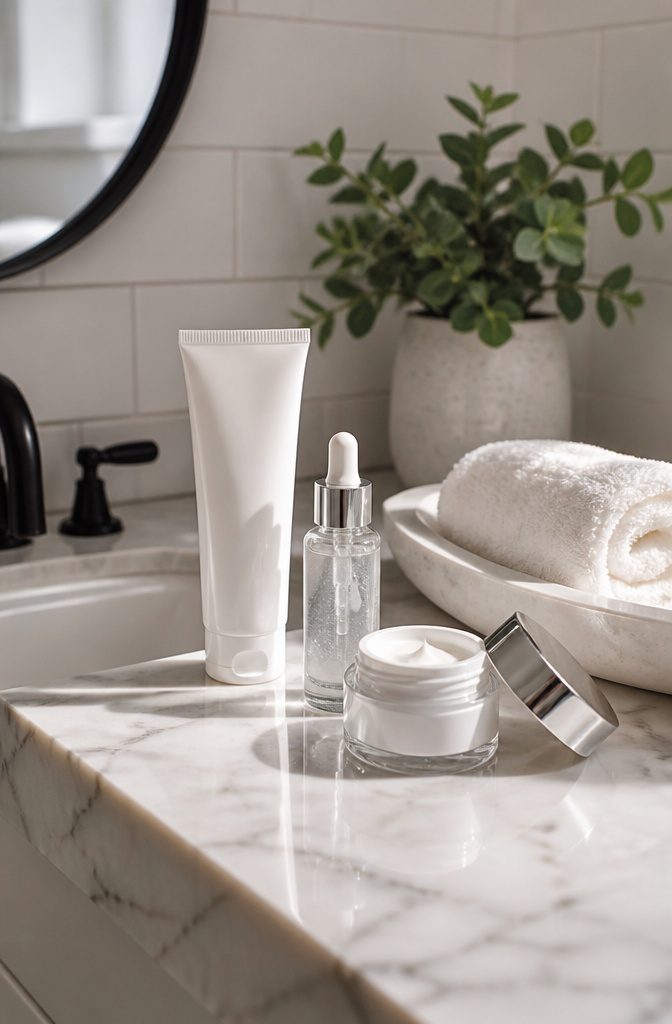 Clean Girl Glam Makeup: A Step-by-Step Tutorial for 2026 2 L'Oreal Paris skincare products on a bathroom counter with natural light.