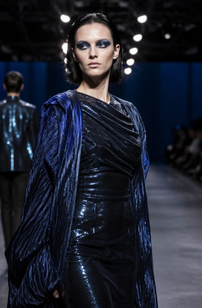 20 Black Eyeshadow Looks From Classic to Edgy for 2026 21 Model showcasing color clash dark eyeshadow on a fashion runway.