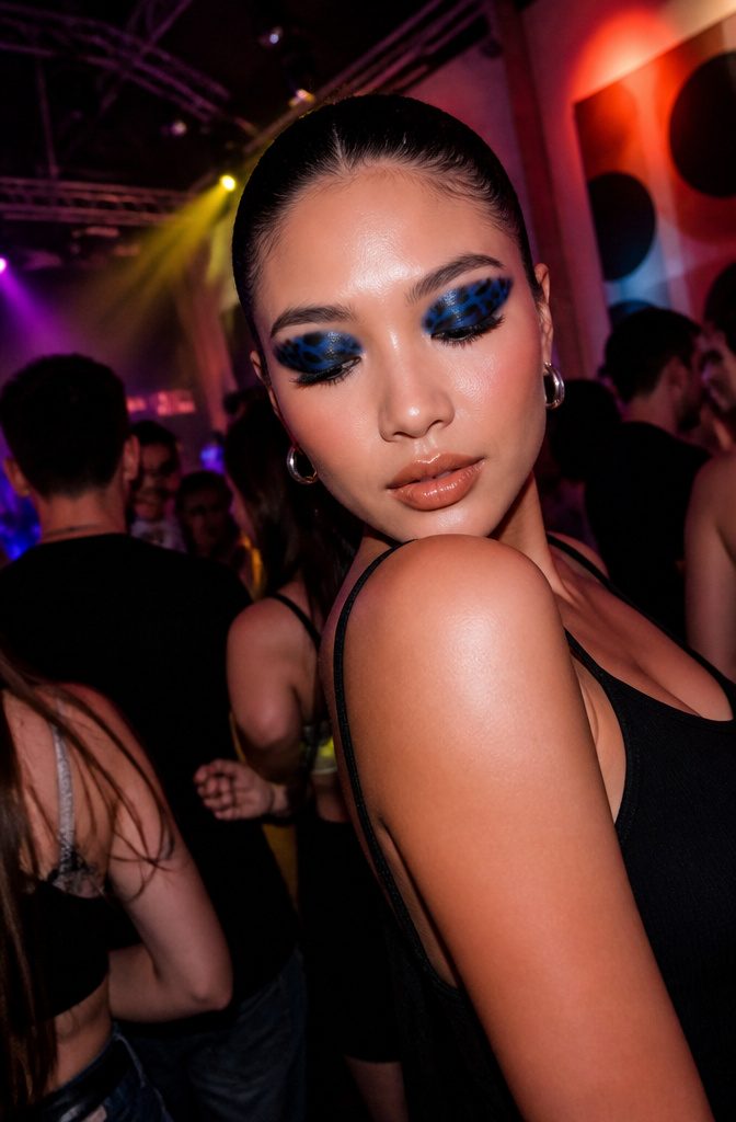 20 Black Eyeshadow Looks From Classic to Edgy for 2026 5 Model with colorful black leopard stripes on her eyelids in a club.