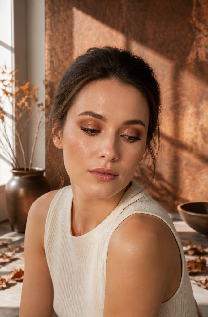 Model with copper eyeshadow in a chic, minimalist studio.