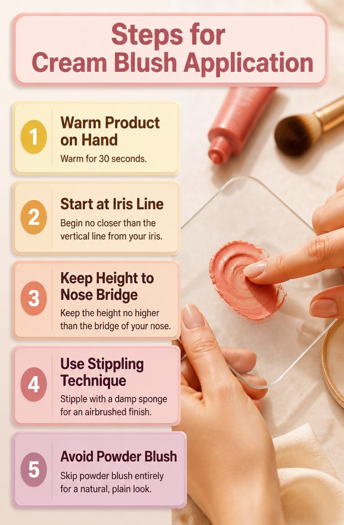 An image detailing steps for applying cream blush.
