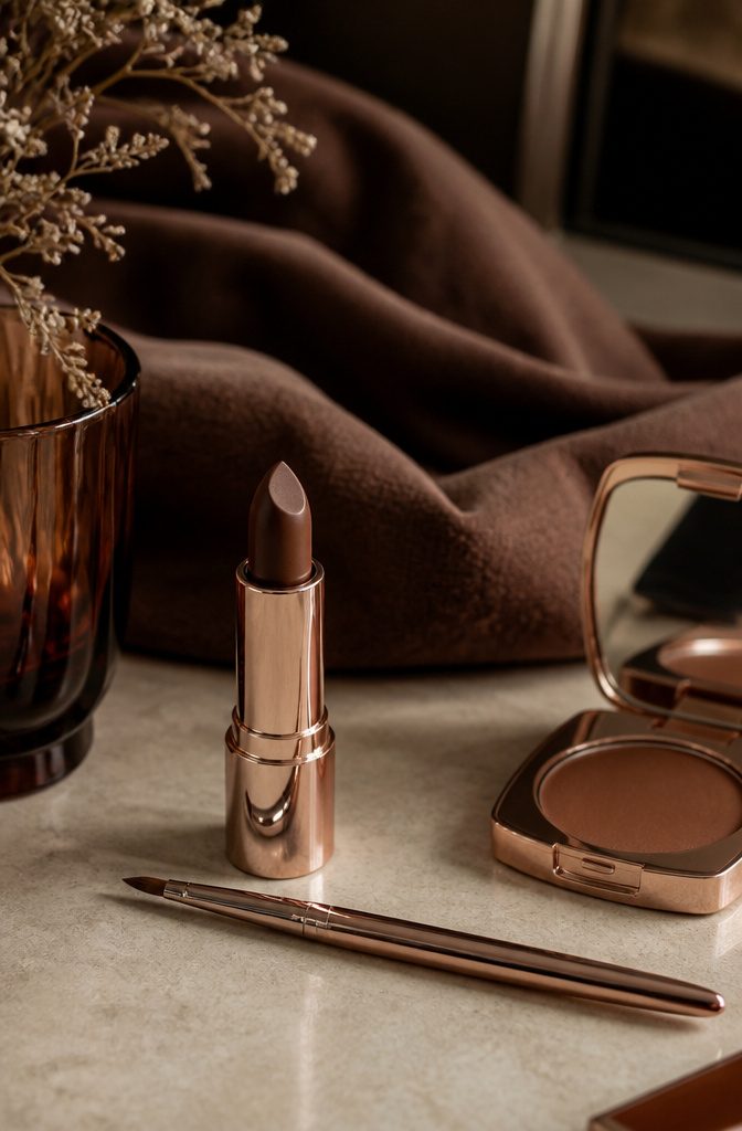 A model showcasing a deep chocolate lip color.