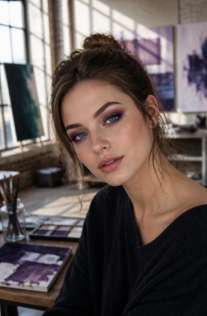Model with deep purple eyeshadow in a trendy loft.
