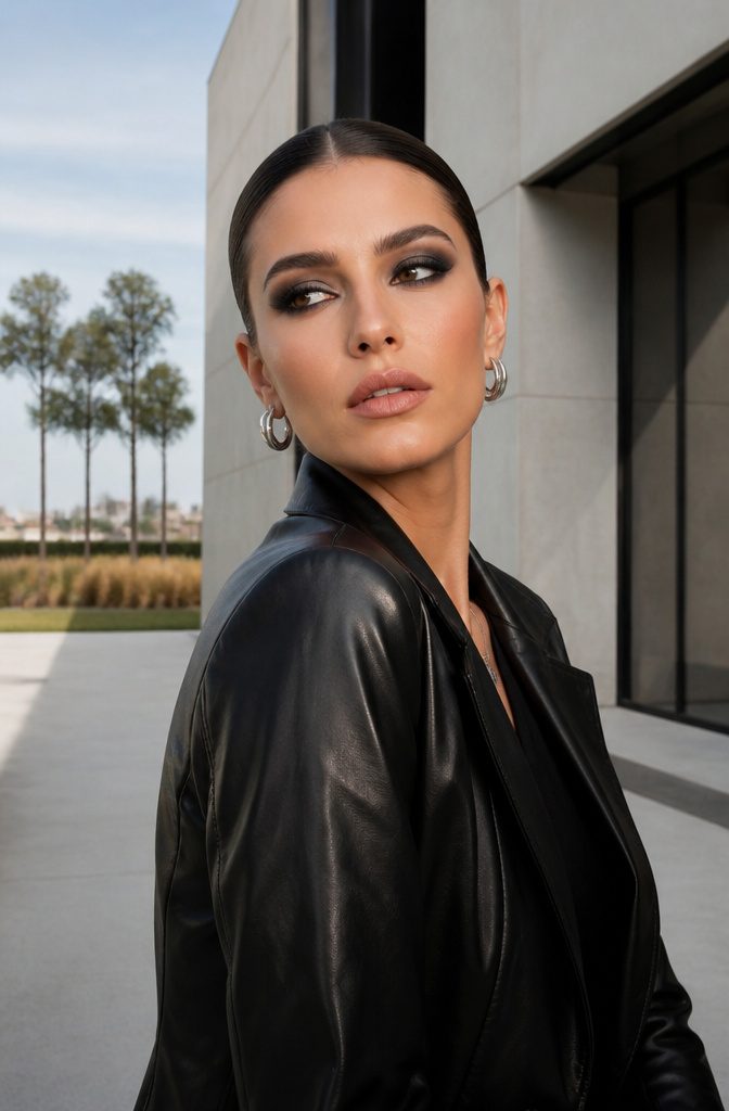 20 Black Eyeshadow Looks From Classic to Edgy for 2026 18 Model with monochrome dark eyeshadow in a chic urban setting.