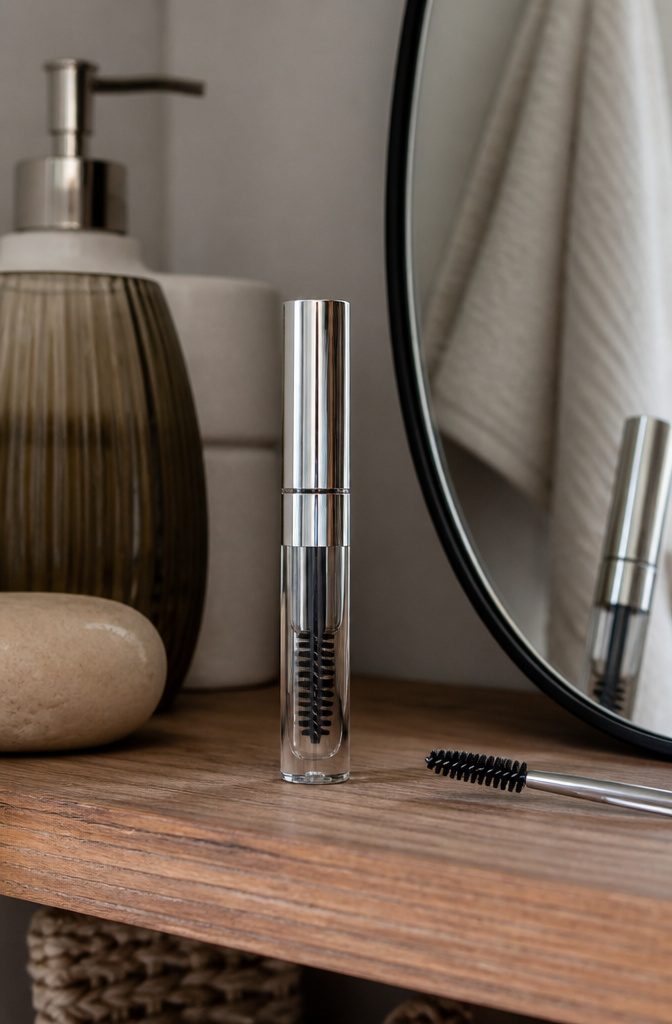 Clean Girl Glam Makeup: A Step-by-Step Tutorial for 2026 5 Brow gel and brush on a wooden shelf with warm lighting.