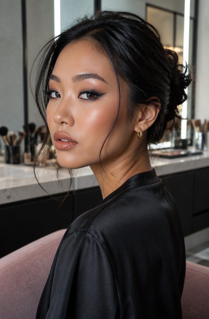 20 Black Eyeshadow Looks From Classic to Edgy for 2026 11 Model showcasing a defined cat-eye in a sleek makeup studio.