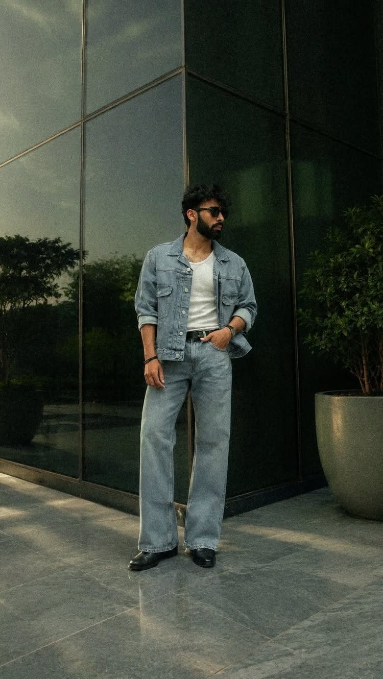 Man wearing a light blue denim jacket and matching wide-leg denim jeans standing outdoors.