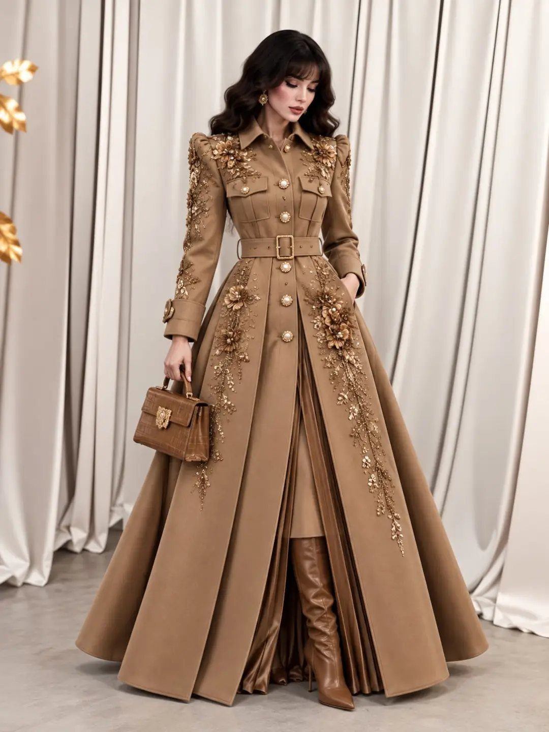 10 Winter Coat Dress Styles Worth Wearing All Season 8 Woman posing in an embroidered tan winter coat dress with a matching handbag and brown boots.