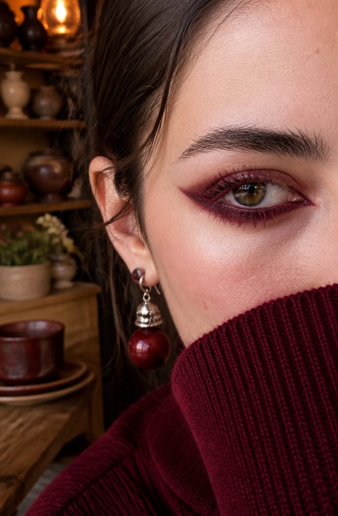 How to Do Alt Eye Makeup: 10 Look Ideas for 2026 2 Close-up of a model's eyes with burgundy eye makeup and black eyeliner.
