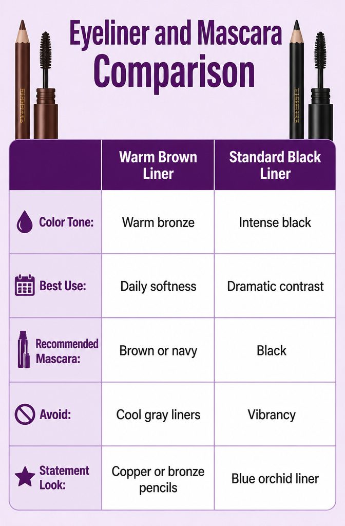 Comparison image of different eyeliners suitable for dark blue eyes.
