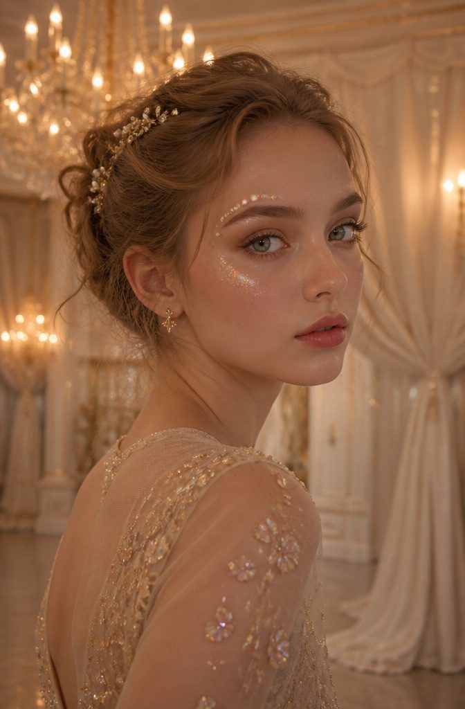 Model exemplifying the Fairy Princess look with gold and diamond-like details.