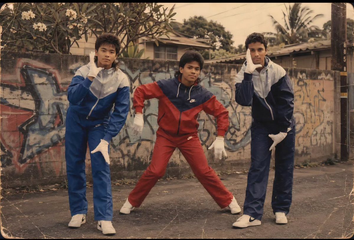 80s Windbreaker Outfit: 8 Street Looks Revived for 2026 5 Three young men posing in colorful color-blocked windbreaker suits against a graffiti wall.
