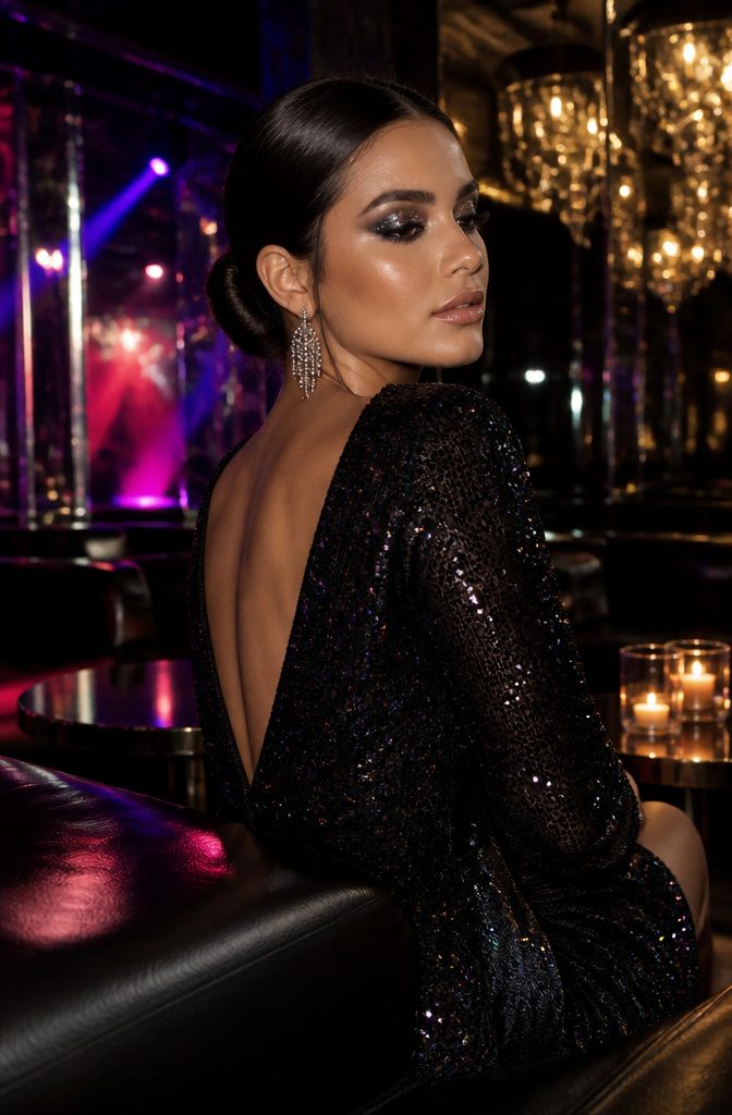 20 Black Eyeshadow Looks From Classic to Edgy for 2026 13 Model showcasing a glittery smoky eye look in a nightclub.