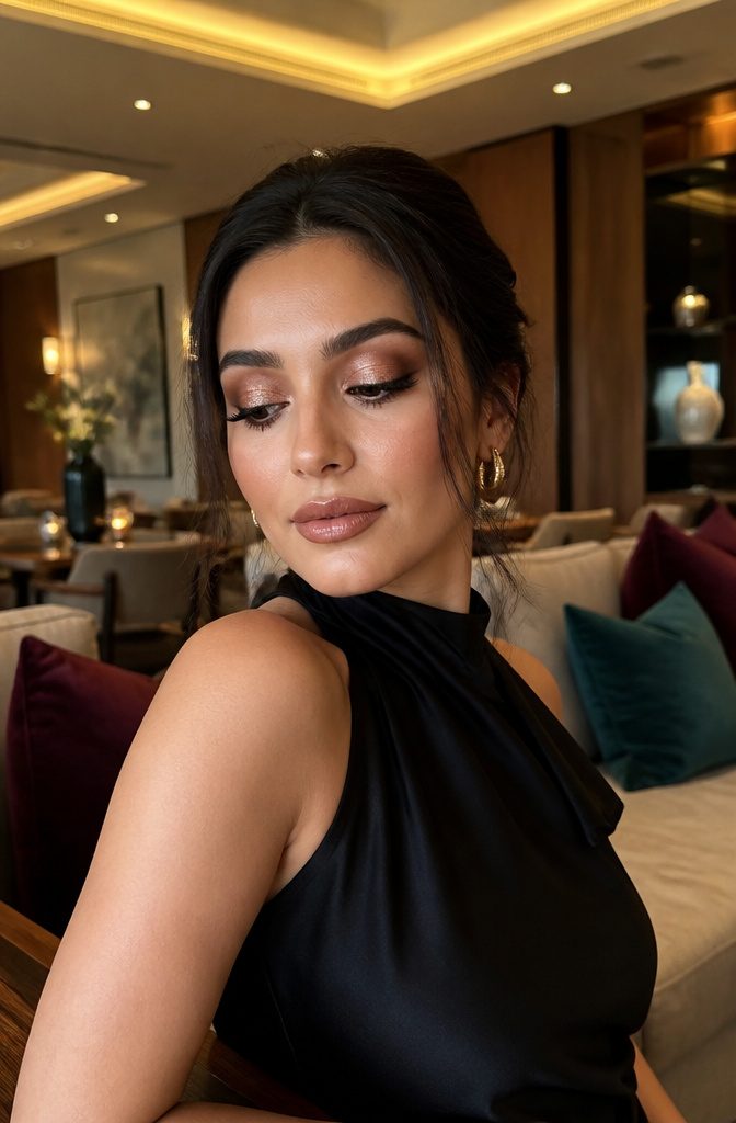 20 Glitter Makeup Ideas to Try in 2026 14 Model with a halo eyeshadow look illuminated in a lounge.