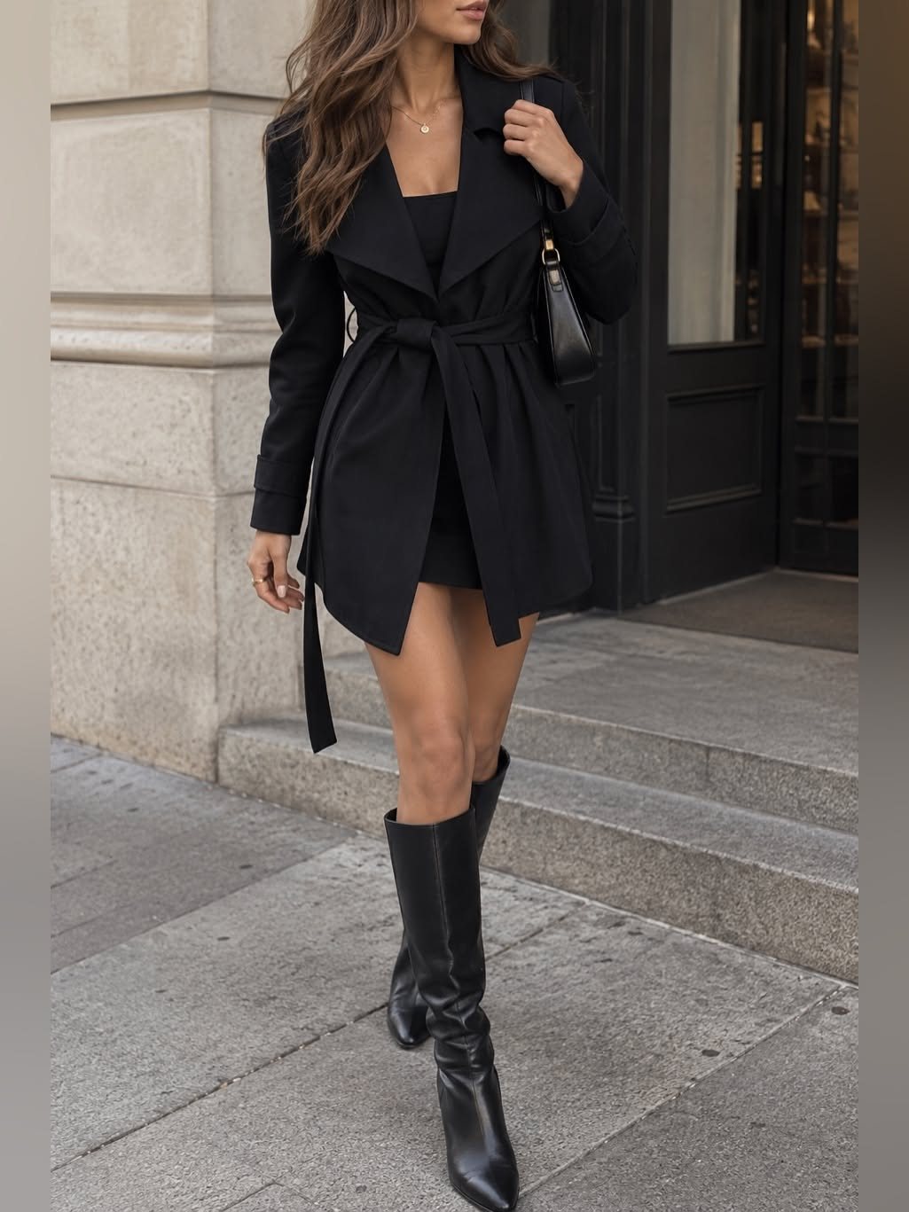 9 Jackets to Wear With Dresses for Any Occasion 3 Woman in a black belted jacket and dress walking on city stone steps wearing tall black boots.