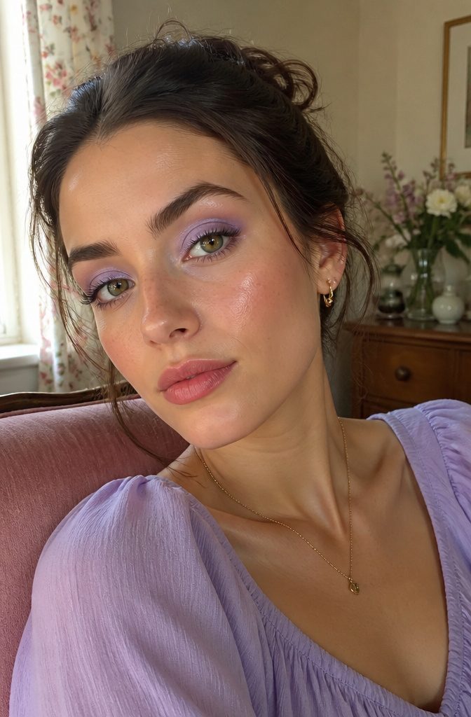 10 Makeup Looks for Green Eyes: Ideas & Color Tips for 2026 6 Model with green eyes wearing sheer lavender eyeshadow.