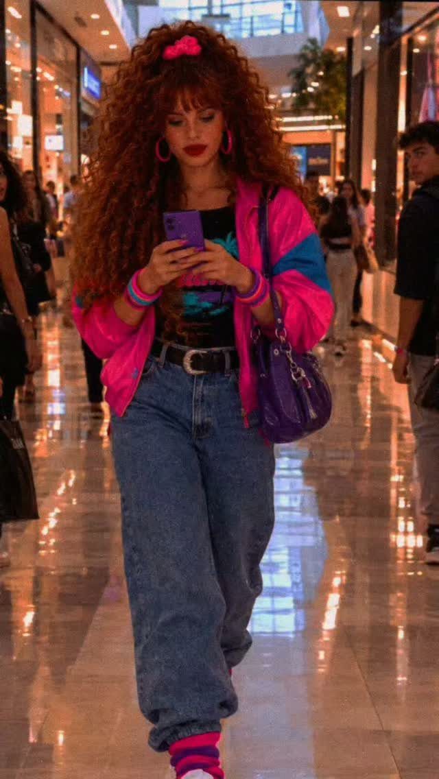 80s Windbreaker Outfit: 8 Street Looks Revived for 2026 4 Woman with large curly hair wearing a pink windbreaker over a t-shirt and baggy jeans in a mall.