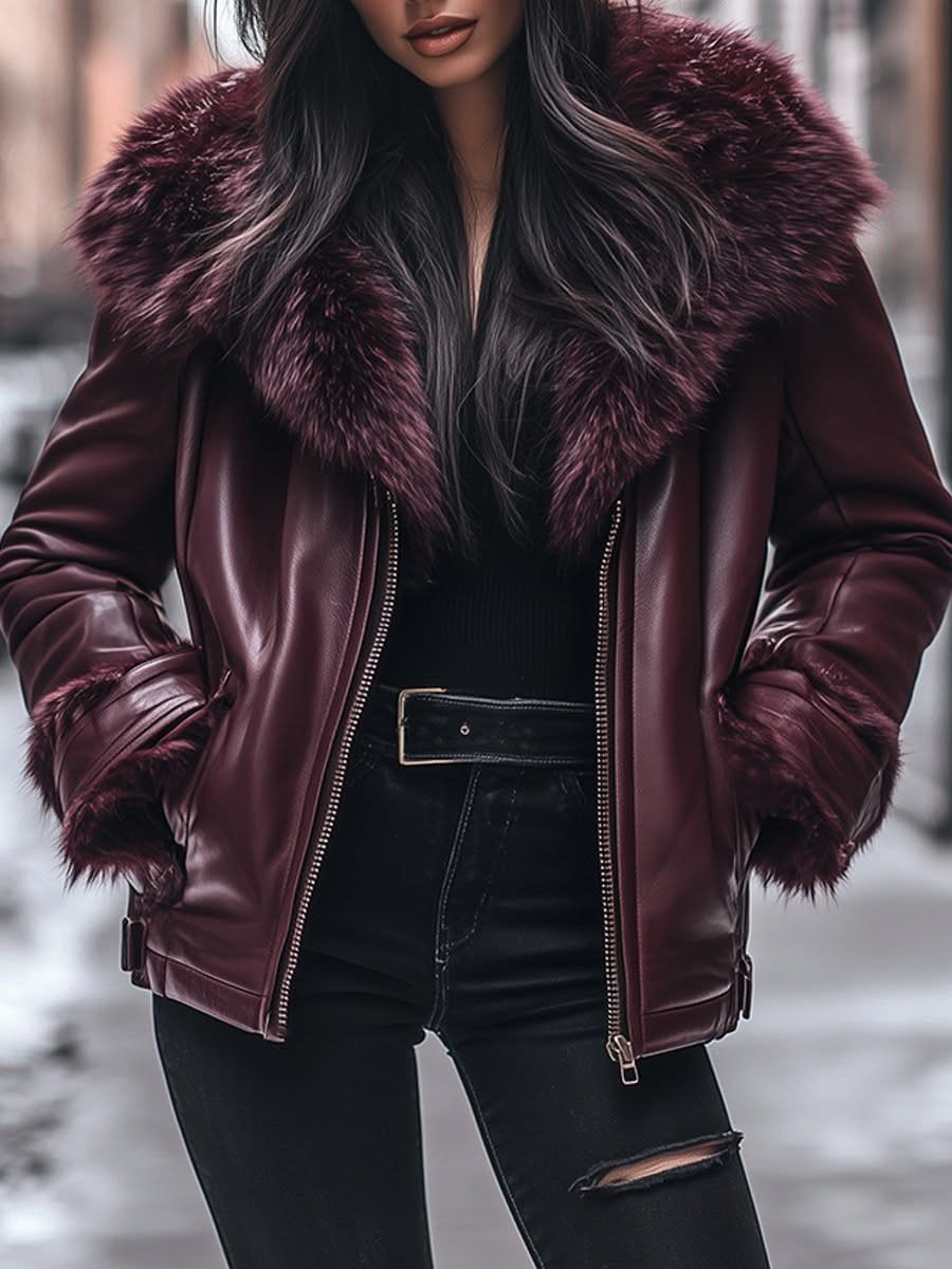 Woman wearing a burgundy leather jacket with a large faux fur collar and fur cuffs.