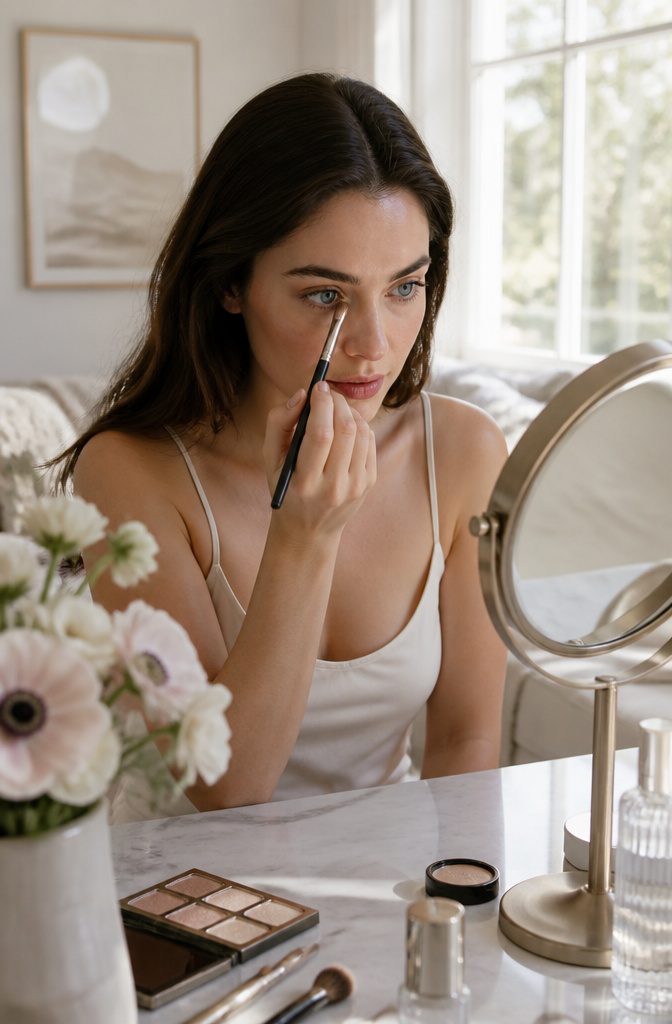 Model using highlighter in a bright and airy space.