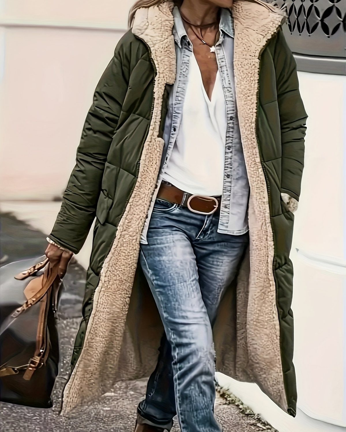 Woman wearing a long olive green quilted jacket with cream faux fur lining and blue jeans.