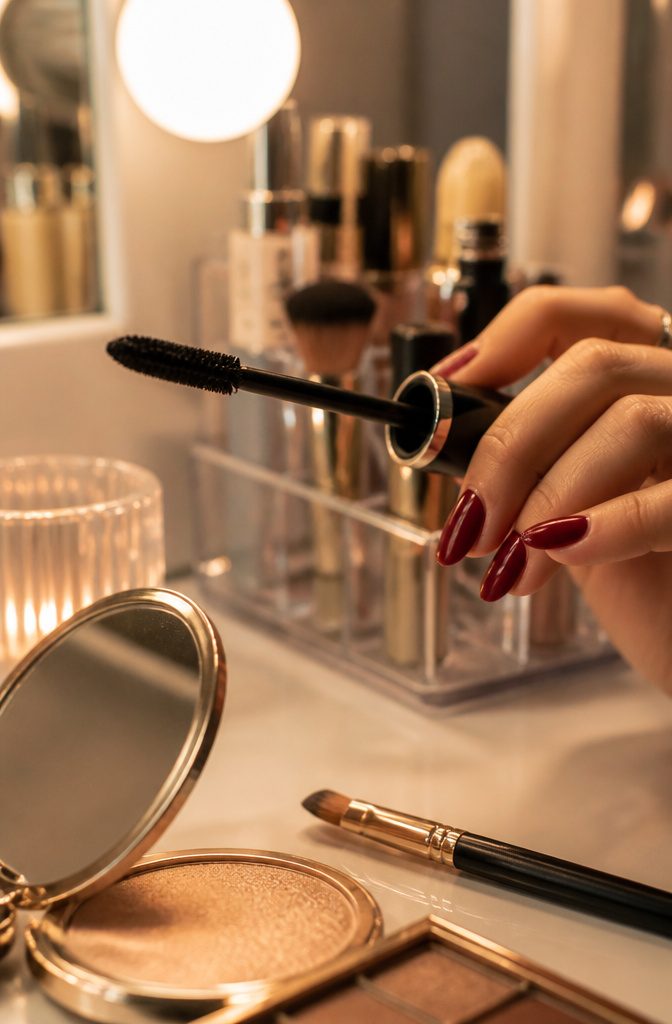 How to Do Smokey Eye Makeup Red Like a Pro: 9 Steps 6 A model applying mascara to her upper lashes.