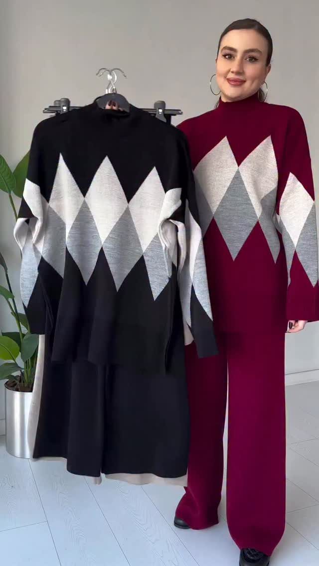 6 Winter Fashion Outfits That Make Cold Mornings Easier in 2026 3 A woman posing in a burgundy diamond pattern knit set next to a black diamond pattern set.