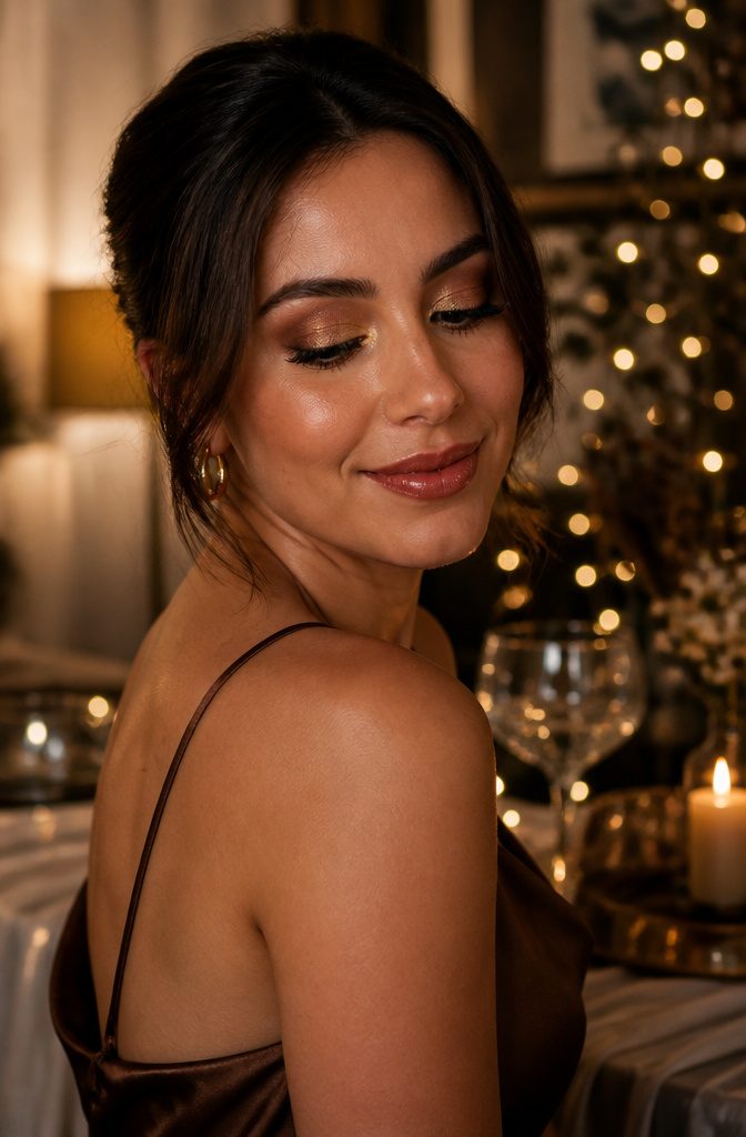 A model with metallic eye accents applied on her eyelids.