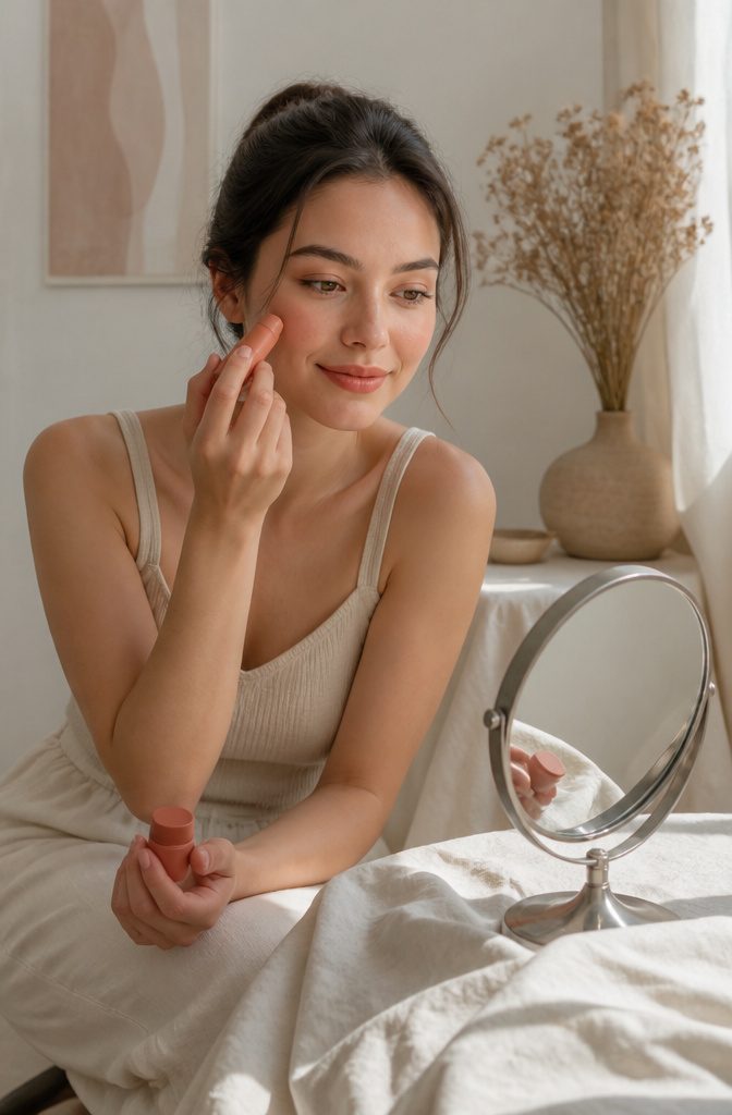 A young woman applying cream blush to her cheeks.