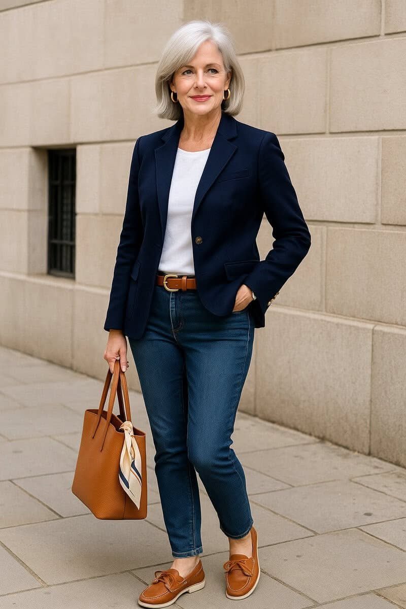 Silver-haired woman wearing a navy blazer, white t-shirt, blue jeans, and tan boat shoes.