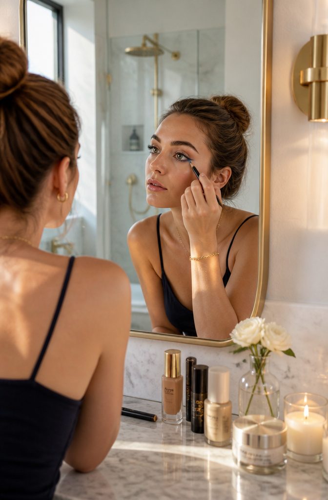 Model applying navy blue eyeliner in a modern bathroom.