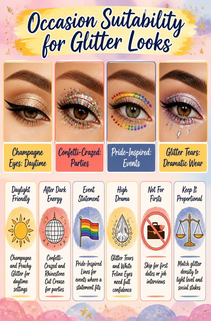 4 Glitter Eye Makeup Ideas and Looks for 2026 8 An informative image about the suitability of various glitter eye makeup looks.