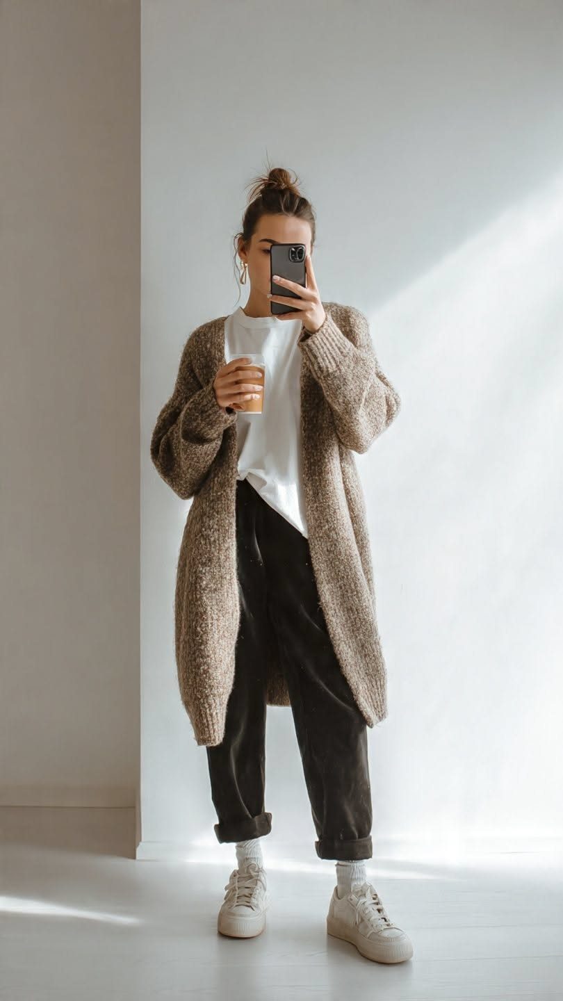 A woman posing in a chunky brown cardigan, white t-shirt, dark pants, and white sneakers.