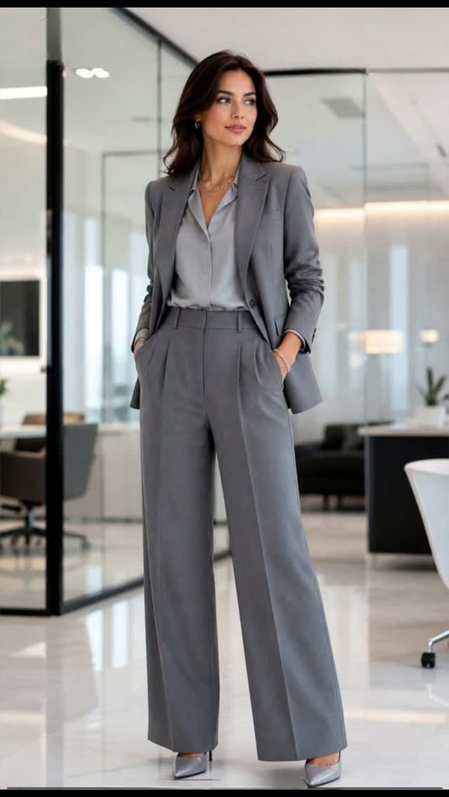 Woman in a grey power suit standing in a bright, modern office setting.