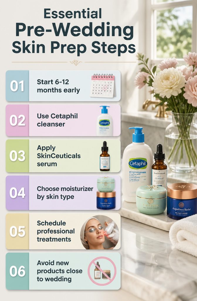 12 Unique Wedding Makeup Ideas for the 2026 Bride 14 Information graphic on essential pre-wedding skin prep steps.