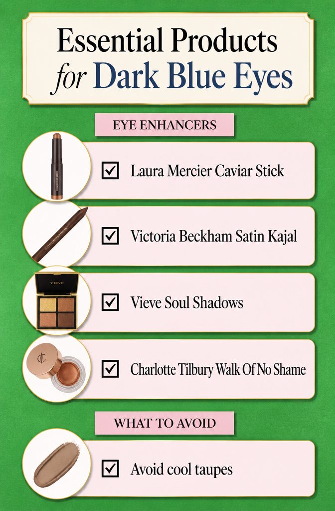 Image showing essential makeup products for dark blue eyes.