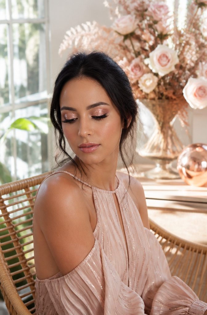 20 Glitter Makeup Ideas to Try in 2026 18 Model with rose gold glitter eye makeup surrounded by flowers.