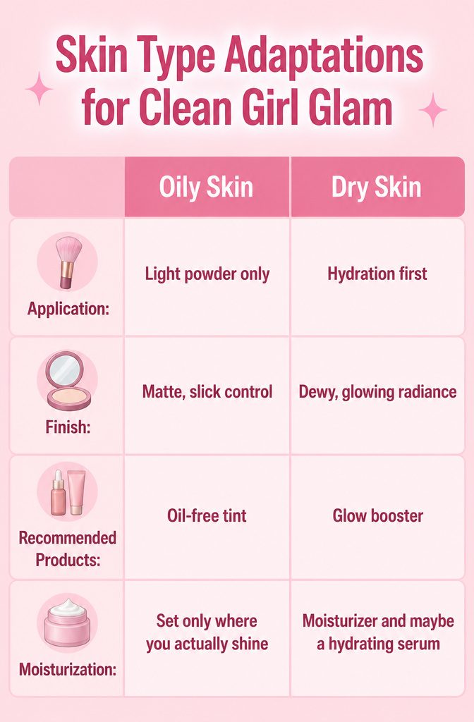 Clean Girl Glam Makeup: A Step-by-Step Tutorial for 2026 8 Text graphic titled 'Skin Type Adaptations for Clean Girl Glam'.