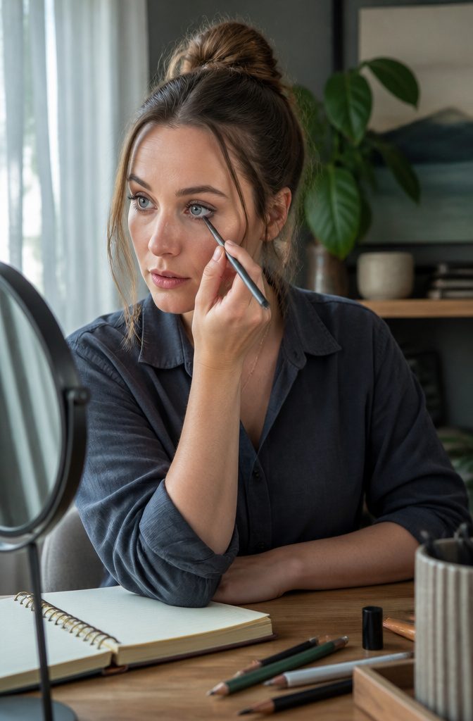 Model with slate gray eyeliner in a serene home office.