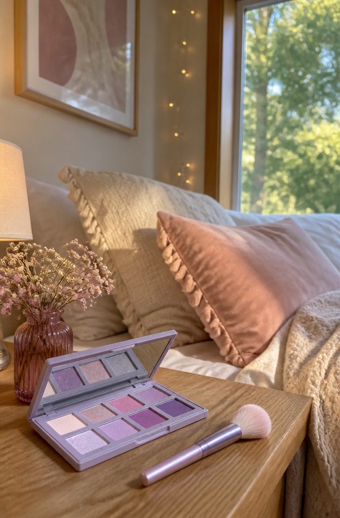 7 Brown Eye Makeup Looks for 2026: Smokey, Metallic & Pastel 6 Model showcasing soft pastel eye makeup in a cozy bedroom.