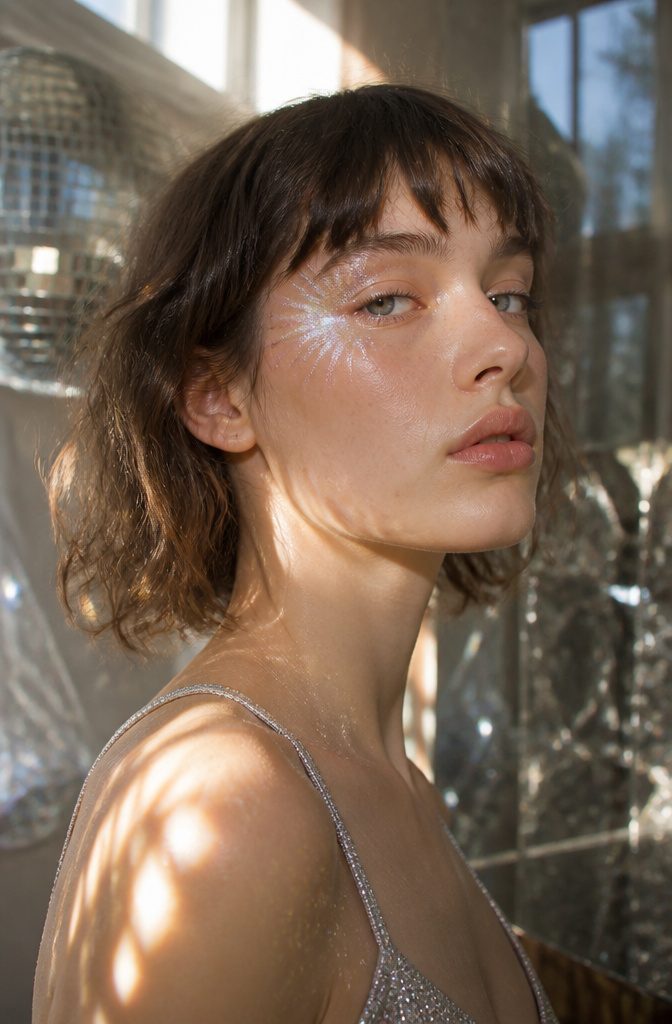 How to Do Alt Eye Makeup: 10 Look Ideas for 2026 9 Model with sparkly sunbursts at the outer corners of her eyes.