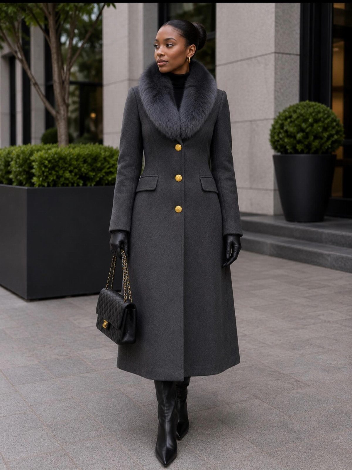 10 Cute Winter Party Outfits From Sweater Dresses to Sequins 7 A woman in a long charcoal grey coat with a fur collar walking on a city sidewalk.